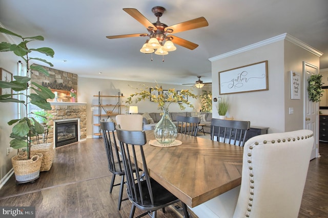 dining area featuring crown molding, a fireplace, a ceiling fan, and wood finished floors