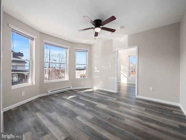 unfurnished room featuring ceiling fan, dark hardwood / wood-style floors, and a baseboard heating unit