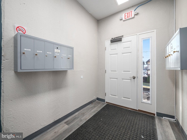 entryway with dark hardwood / wood-style floors and a mail area