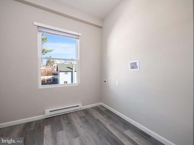 clothes washing area with baseboard heating, dark hardwood / wood-style flooring, hookup for a washing machine, and electric dryer hookup