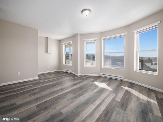 spare room with dark hardwood / wood-style floors and a baseboard heating unit