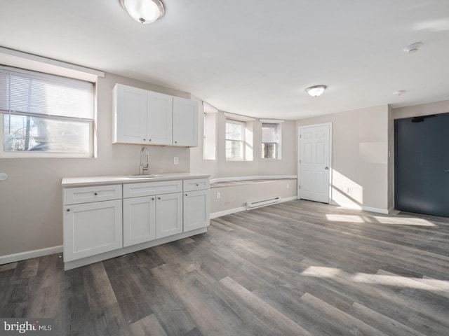 kitchen with white cabinetry, sink, and dark hardwood / wood-style flooring