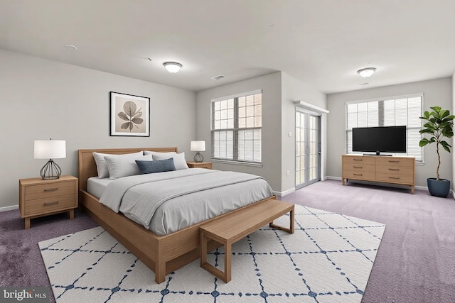 bedroom featuring light colored carpet and multiple windows