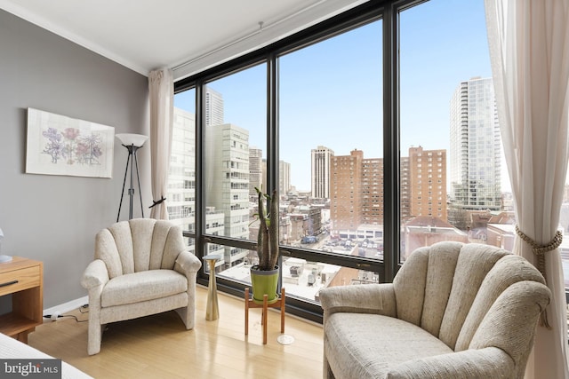 sitting room featuring a city view, ornamental molding, expansive windows, wood finished floors, and baseboards