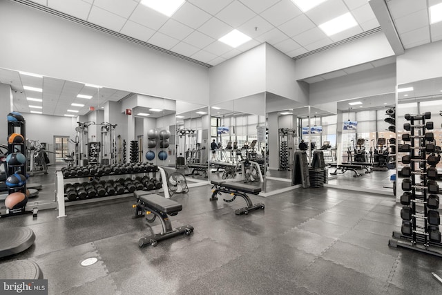 exercise room with a drop ceiling and a towering ceiling