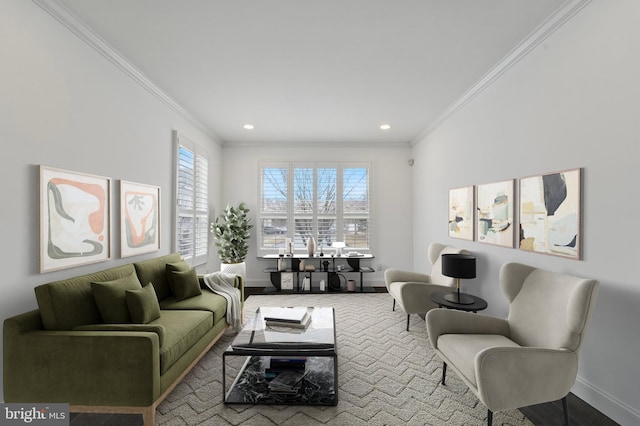 carpeted living area with ornamental molding, recessed lighting, and baseboards