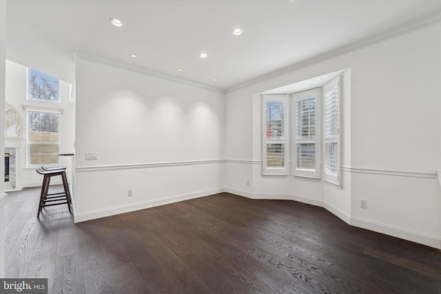 spare room with ornamental molding, a premium fireplace, and wood finished floors