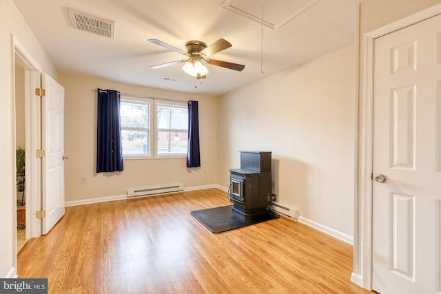 miscellaneous room featuring light wood-type flooring, a baseboard radiator, ceiling fan, and a wood stove