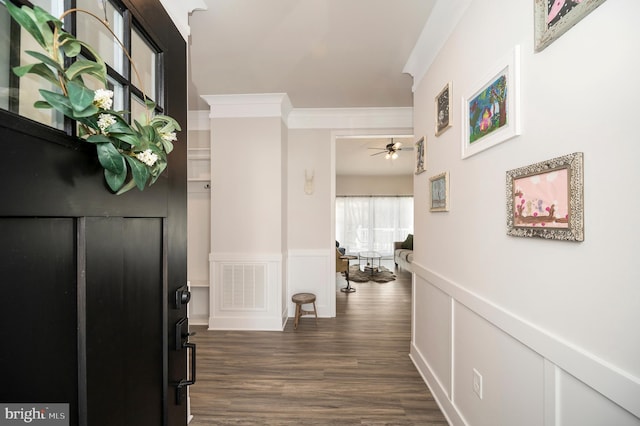 entrance foyer featuring crown molding, dark wood-type flooring, and ceiling fan