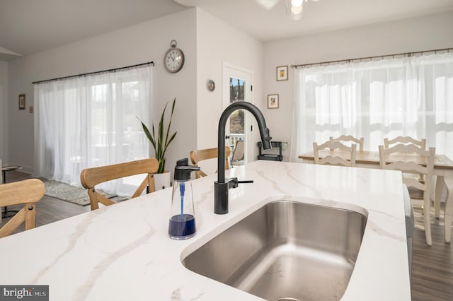 interior details featuring light stone countertops and sink