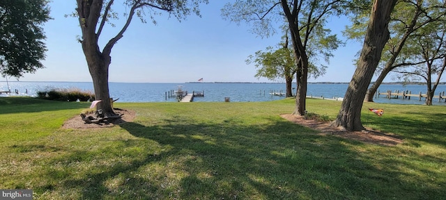 view of yard featuring a dock and a water view