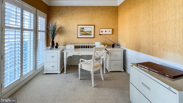 office space with carpet floors, wallpapered walls, ornamental molding, and a wainscoted wall