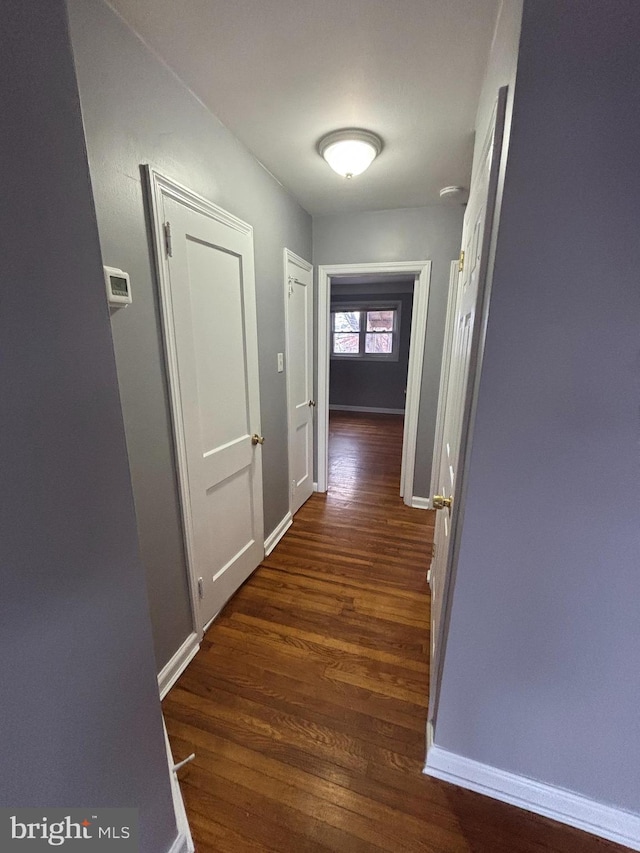 hallway with dark hardwood / wood-style flooring