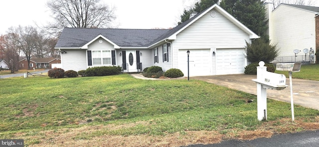 single story home with a garage and a front lawn