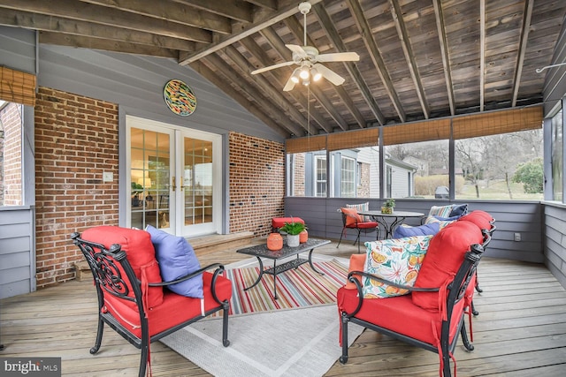 deck featuring french doors, an outdoor hangout area, and ceiling fan