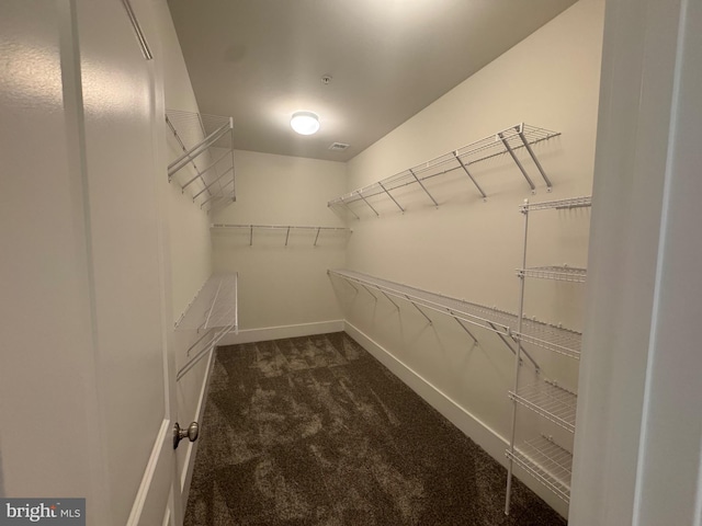 walk in closet with visible vents and dark carpet