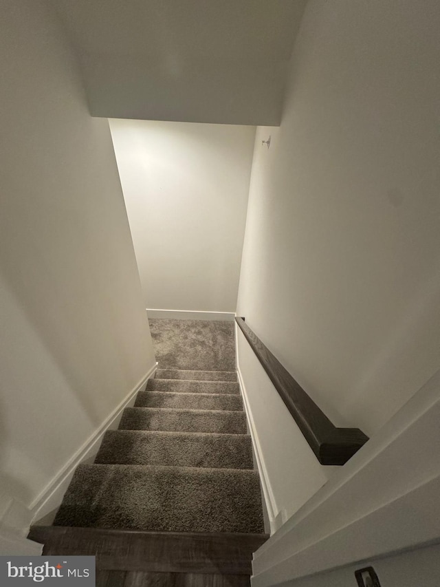 stairs featuring carpet floors and baseboards