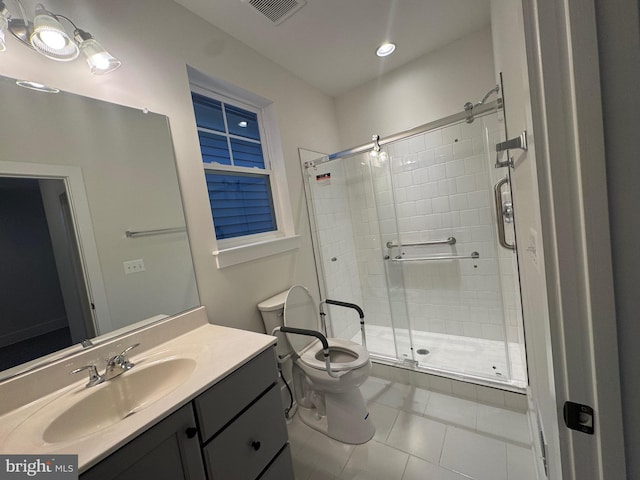 full bathroom featuring tile patterned flooring, toilet, visible vents, vanity, and a stall shower