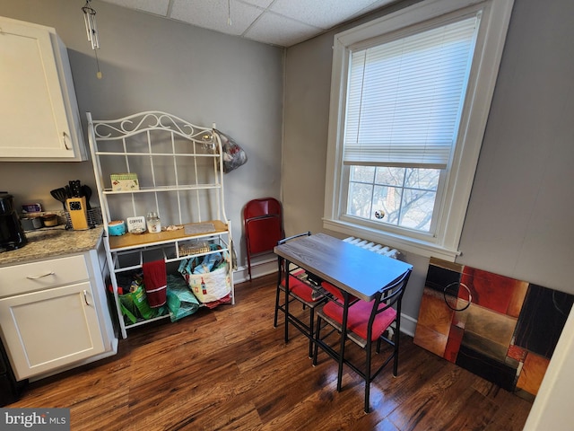 game room featuring a paneled ceiling and dark hardwood / wood-style floors