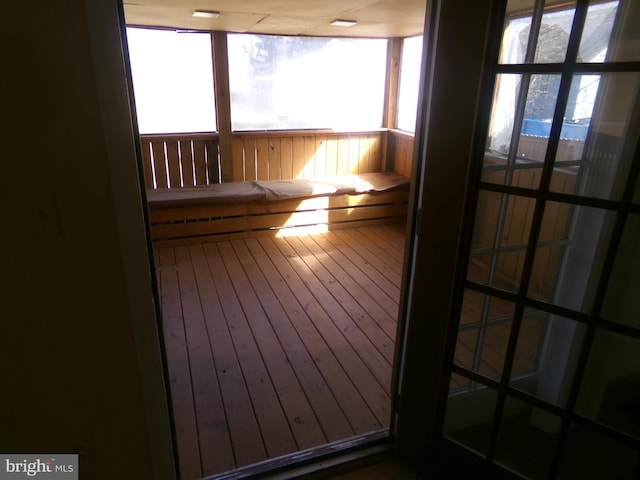 view of sauna featuring a healthy amount of sunlight and hardwood / wood-style floors