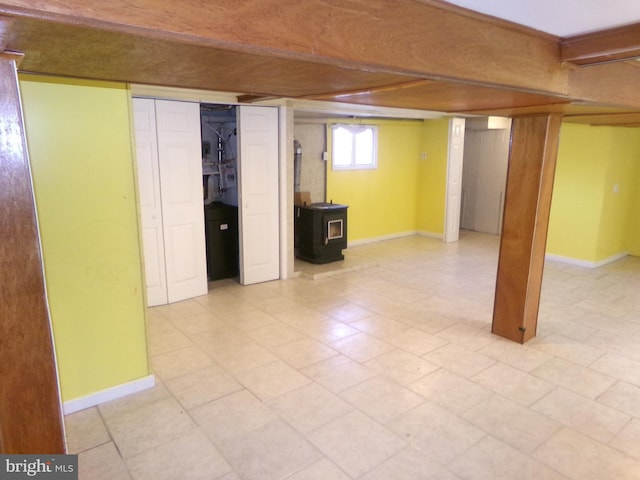 basement with a wood stove