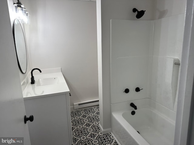 bathroom with  shower combination, a baseboard radiator, vanity, and tile patterned floors