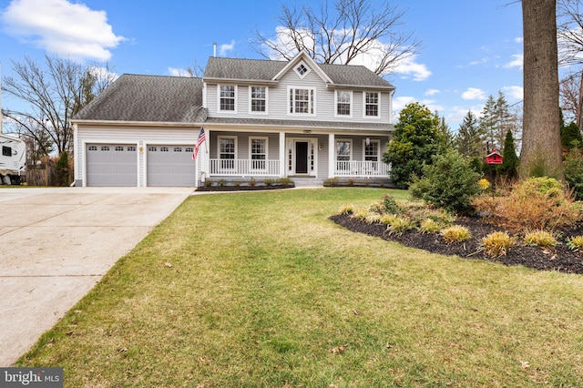 colonial inspired home with an attached garage, covered porch, a shingled roof, driveway, and a front lawn