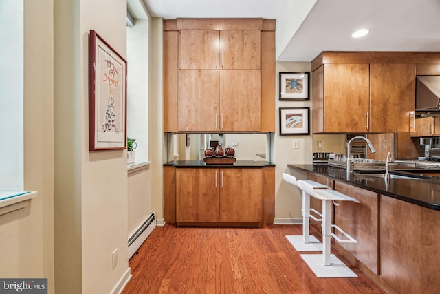 kitchen featuring baseboards, light wood-style flooring, brown cabinets, a baseboard heating unit, and a sink