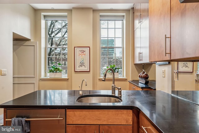 kitchen with stainless steel dishwasher, a sink, and brown cabinets