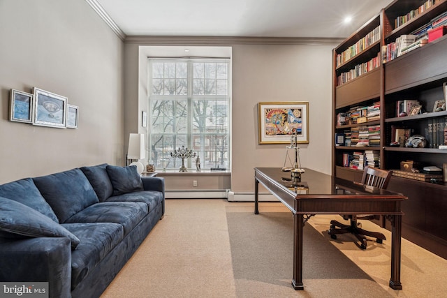 office space with baseboards, carpet, a baseboard heating unit, and crown molding