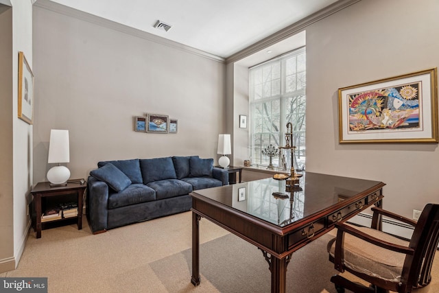 office featuring light carpet, ornamental molding, and visible vents