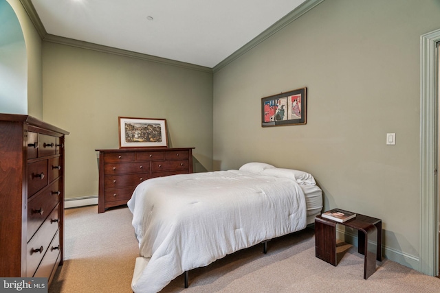 bedroom with carpet, baseboards, baseboard heating, and crown molding