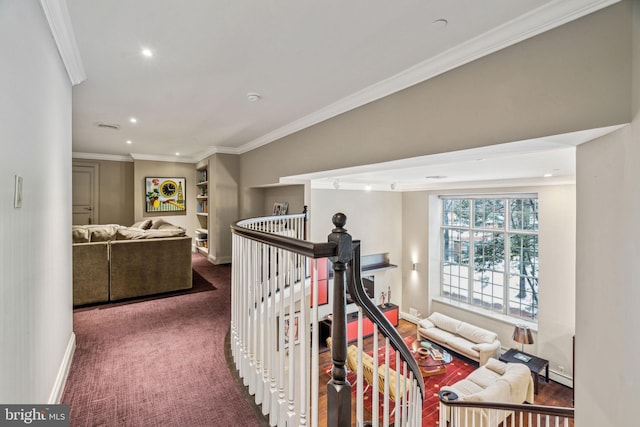 hallway with recessed lighting, carpet flooring, an upstairs landing, baseboards, and ornamental molding