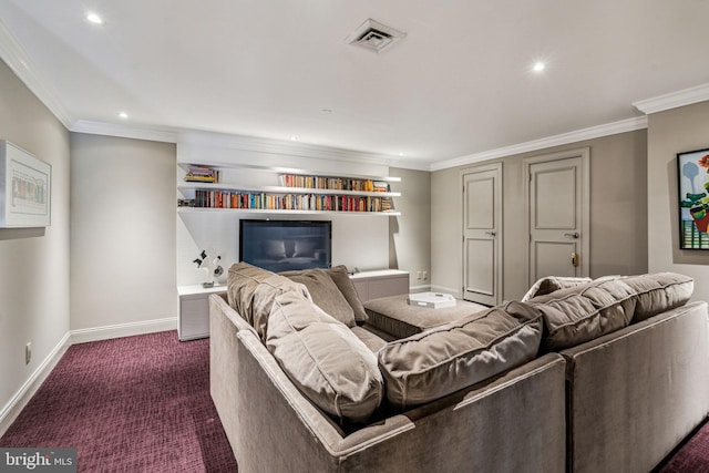 living area featuring visible vents, baseboards, ornamental molding, dark colored carpet, and recessed lighting