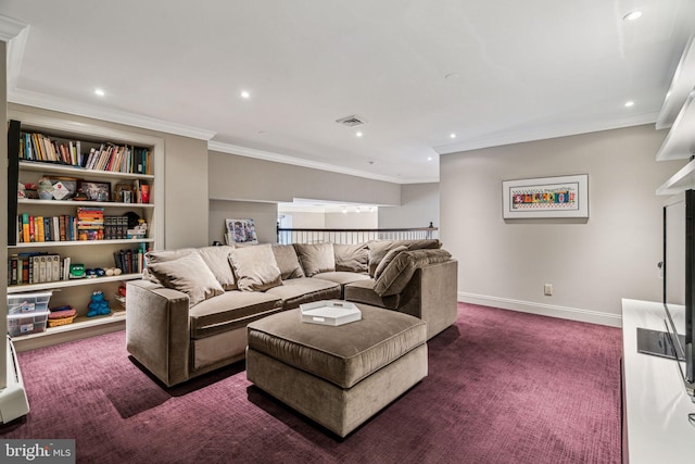 living area with recessed lighting, visible vents, baseboards, ornamental molding, and dark colored carpet