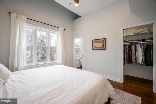 bedroom featuring a closet, vaulted ceiling, dark hardwood / wood-style floors, and a walk in closet