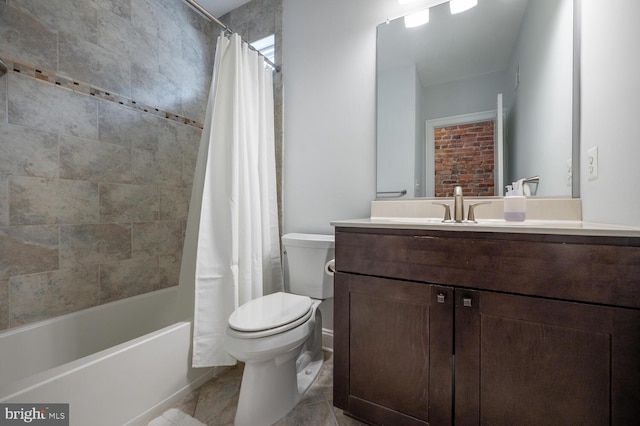 full bathroom with toilet, vanity, and shower / bathtub combination with curtain