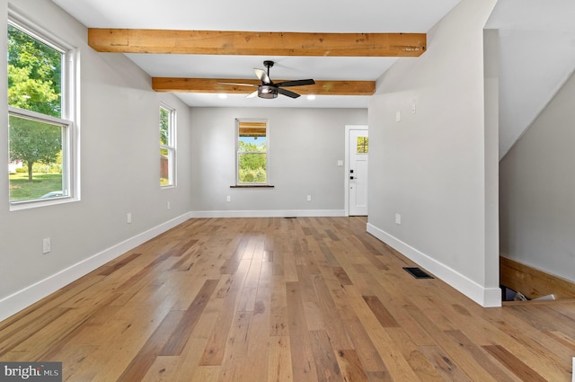 unfurnished living room with beam ceiling, ceiling fan, and light wood-type flooring