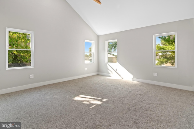 carpeted empty room featuring high vaulted ceiling