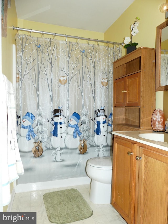 full bathroom featuring shower / bath combo, vanity, and toilet