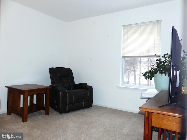 living area featuring light carpet