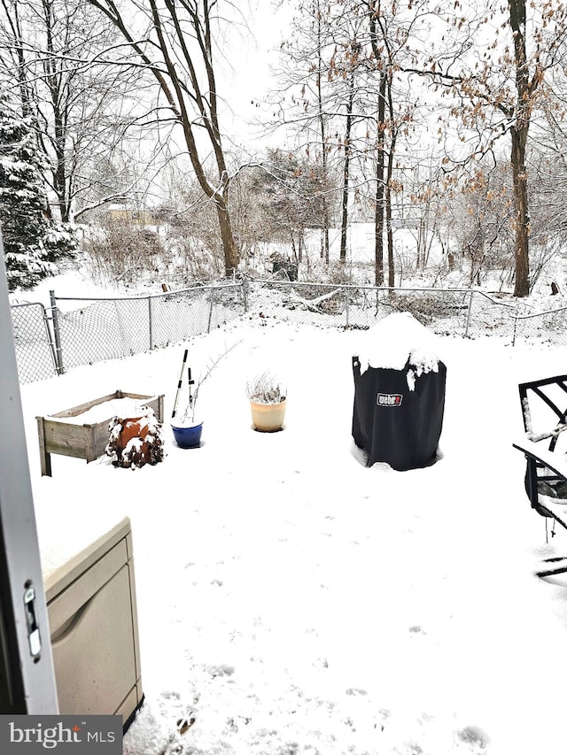 view of yard layered in snow