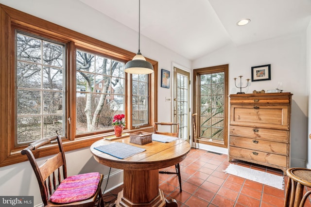 dining area featuring light tile patterned floors, recessed lighting, visible vents, baseboards, and vaulted ceiling