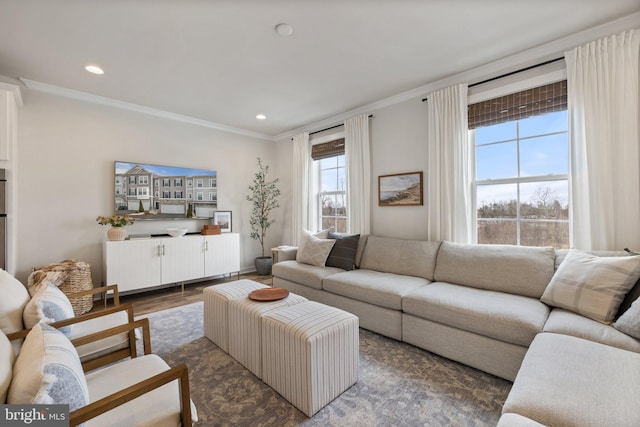 living room featuring baseboards, dark wood finished floors, crown molding, and recessed lighting