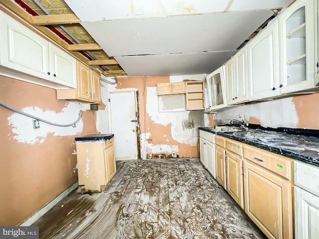 kitchen featuring glass insert cabinets, dark countertops, and a sink