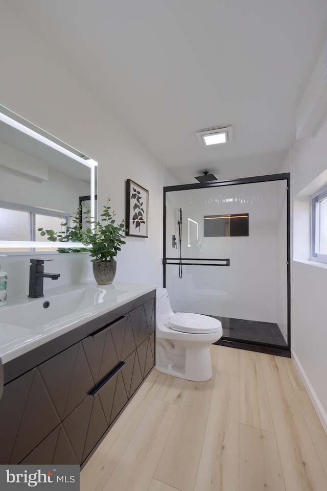 bathroom with toilet, a shower stall, wood finished floors, and vanity