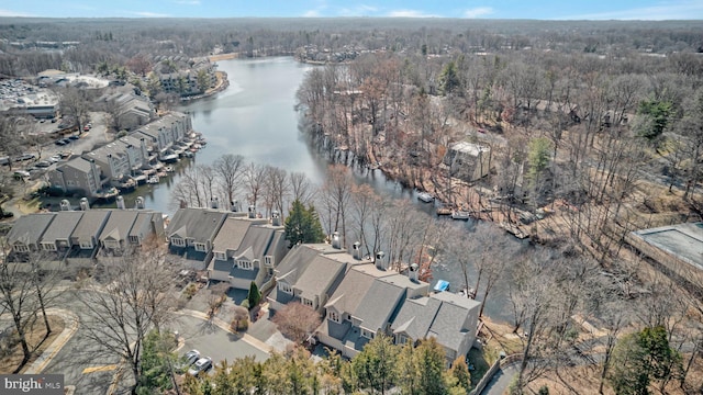 drone / aerial view with a residential view and a water view