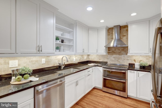 kitchen featuring open shelves, a sink, white cabinets, appliances with stainless steel finishes, and wall chimney exhaust hood