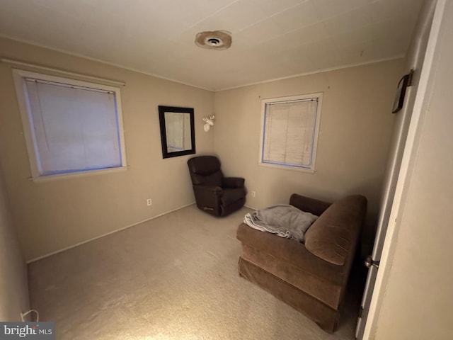 sitting room with light colored carpet