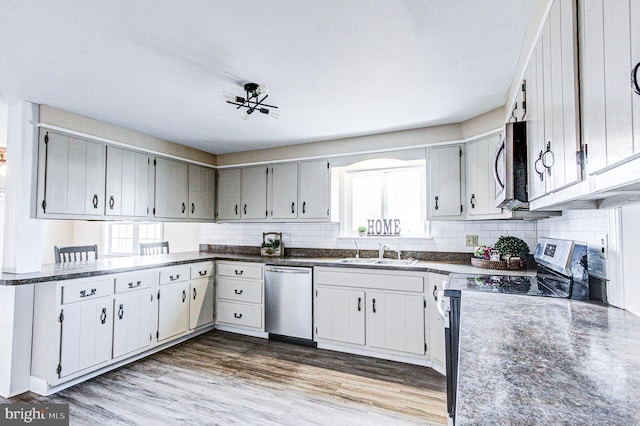 kitchen with hardwood / wood-style floors, stainless steel appliances, backsplash, and sink